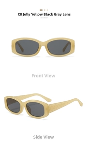 Detail view of jelly yellow square sunglasses with embossed diamond texture on temples