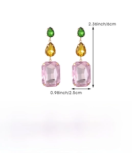 Detail view of colorful teardrop crystal earrings with precise 6cm size dimensions