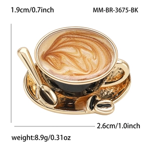Exquisite coffee cup enamel brooch in gold and black with size dimensions 1.9x2.6 cm