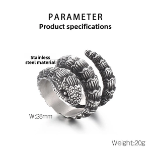 Macro detail of gothic snake ring in stainless steel with 28mm width and scale texture