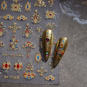 Retro royal style embossed 3D nail art stickers with gold ethnic gemstone patterns