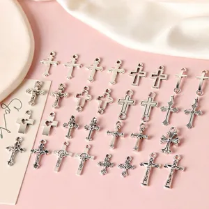 Vintage Antique Silver Alloy Cross Pendants Rose Heart Charms For DIY Jewelry Making Earrings Necklace Making Accessories