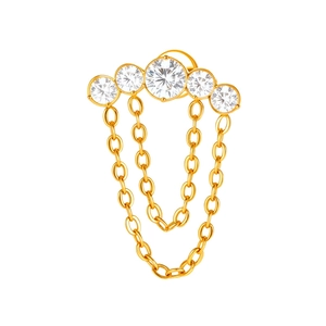 Titanium piercing jewelry with gold finish, 5 clear gems, and three hanging chain drops