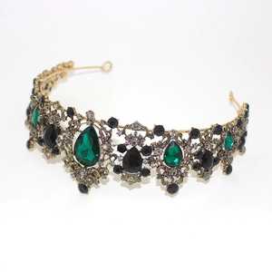 Vintage gold bridal crown with large green and black teardrop gems and crystals