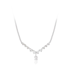 Elegant silver teardrop zircon necklace featuring pear-cut crystals and a V-shaped pendant
