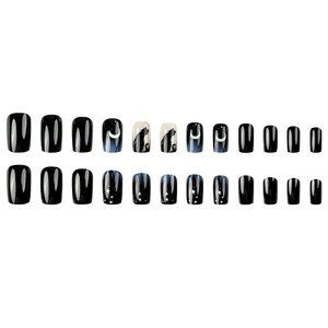 24pcs press-on nails set featuring black and blue cat and crescent moon star designs