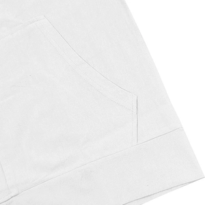 Detail of pocket and hem stitching on white linen hoodie with macro fabric view