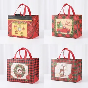 Christmas non-woven tote bags featuring festive plaid patterns and reindeer motifs