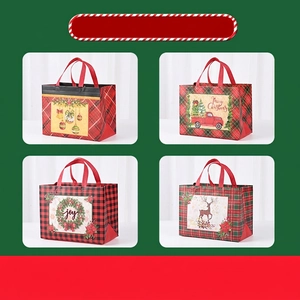Christmas Gift Bags Non Woven Fabric Reusable Laminated Waterproof Buffalo Plaid Reindeer Patterns Holiday Party Grocery Tote