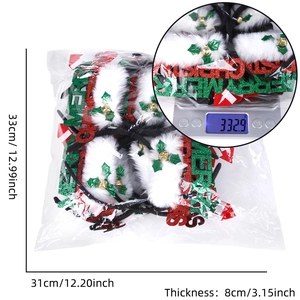 Detailed size and weight measurement of Christmas headbands set in clear packaging