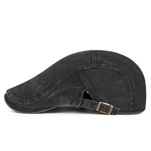 Vintage washed charcoal cotton duckbill flat cap with adjustable bronze metal buckle