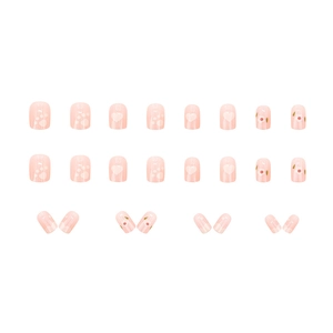 24pcs short press-on nails set featuring light pink floral heart and polka dot patterns