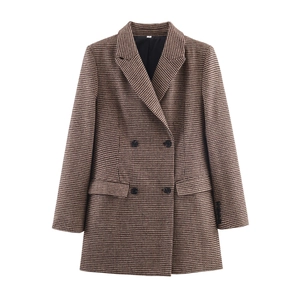 Women Houndstooth Blazer Double Breasted Suit Jacket Polyester Wool Like Fabric Casual Office Fashion Vintage Longline