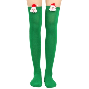 Detail of Christmas Santa over-knee socks with 3D plush doll on green striped knit fabric