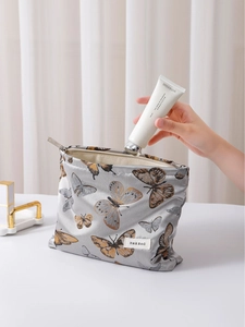 Vintage butterfly makeup bag in light grey with large capacity and metal zipper closure