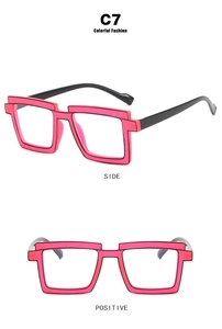 Detail view of pink square TR90 eyeglass frames showing side and front view angles