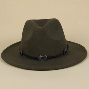 Vintage olivgrüner Wollfilzhut mit silbernen Conchos und schwarzem Zierband für Damen
