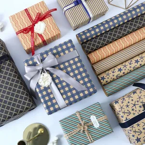 Blue plaid and vintage kraft wrapping paper set with ribbons for men's birthday gift