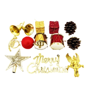 Christmas tree decoration set with golden bells pine cones and Merry Christmas sign