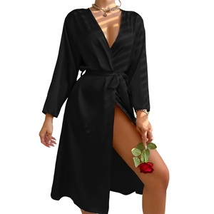 Elegant black satin long-sleeved robe for women with waist tie and silk-like finish
