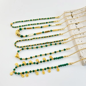18K gold plated necklace featuring natural malachite beads and celestial charms
