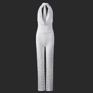 Detailed macro view of white lace texture and deep V-neck halter design jumpsuit