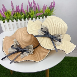 Women Large Wavy Brim Straw Hat With Lace Flower Ribbon Bow Sun Protection Beach Holiday Floppy Sunhat Elegant
