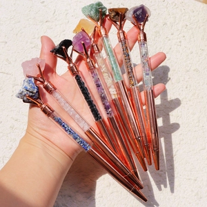 Rose Gold Metal Ballpoint Pen With Natural Raw Crystal Stone And Crushed Mineral Decorative Office Writing Gift