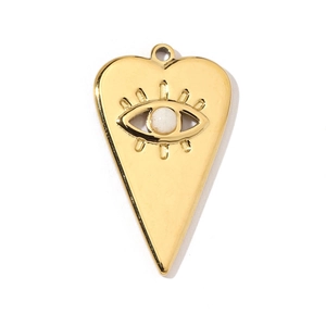 Golden heart pendant with white evil eye pattern crafted from polished stainless steel