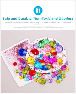Close-up of colorful acrylic crystal diamond gemstones in various faceted polygon shapes