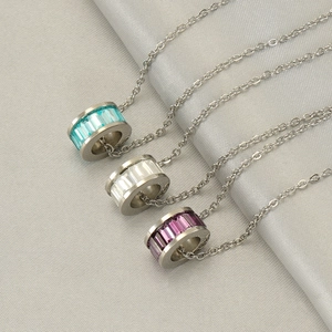 Geometric Cylindrical Pendant Necklace Stainless Steel 18K Gold Plated Crystal Inlay Elegant Fashion Jewelry For Women