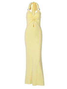 Pale yellow halter maxi dress with knot detail and cut-out design for a slim fit look