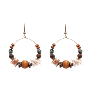 Bohemian large hoop earrings with wooden beads and shell accents on white background