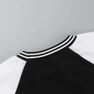 Detail of black and white striped rib-knit collar and raglan sleeve stitching on jacket