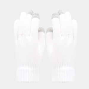 Close-up of white knitted gloves with grey touchscreen tips and ribbed cuffs