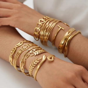 Fashion Gold Plated Stainless Steel Open Cuff Bangle For Women Hollow Heart Snake T-Bar Geometric Minimalist Jewelry