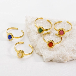 French style gold plated open rings with colorful oval natural stones in a set of five