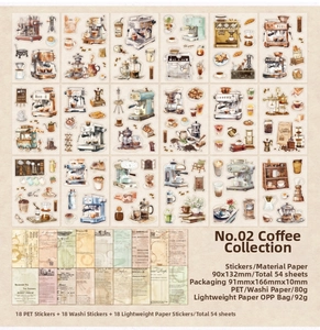 Detailed close-up of retro coffee themed stickers set for DIY scrapbooking and planners