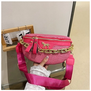 Detail of pink woven chest bag with golden horse ornament and double zipper closure