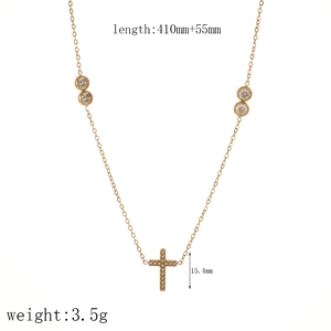 Close-up of 18k gold plated cross necklace showing 410mm length and 3.5g weight detail