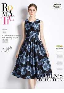 Detail of elegant navy sleeveless A-line dress with light blue floral jacquard pattern
