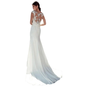 Elegant sleeveless mermaid wedding dress with lace embroidery back and long train