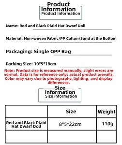 Size chart showing red and black plaid Christmas gnome doll dimensions and materials