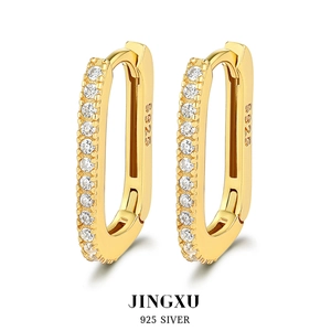 Geometric Rectangular Hoop Earrings 925 Sterling Silver Zircon Inlaid Huggie Buckle Jewelry For Women Elegant Luxury