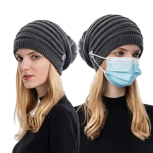 Bonnet Tricoté D'Hiver Pour Femmes Épais Chaud Pompon En Fausse Fourrure Avec Boutons Pour Masque Protection Des Oreilles Acrylique
