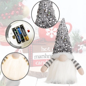 Detail view of battery compartment and sequined hat on illuminated Christmas gnome
