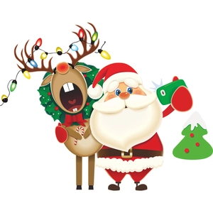 Cartoon Santa taking a selfie with a reindeer and Christmas tree window wall sticker