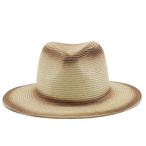Close-up of the fine woven texture and brown gradient edge on this classic straw fedora hat