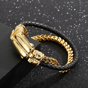 Men's double-layered woven leather bracelet with gold titanium steel wheat chain and clasp