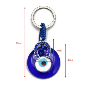 Detailed dimension view of blue evil eye horseshoe keychain showing 80mm total length